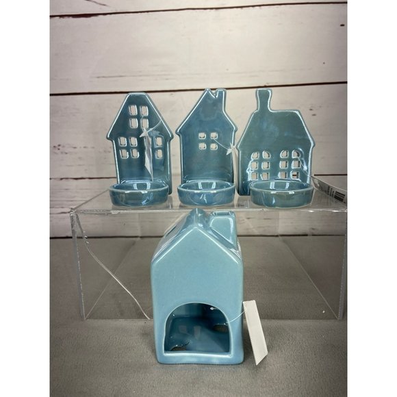 Woodland Wonders Blue Ceramic Candleholders Farmhouse Homes 4 Piece Set - Picture 7 of 7